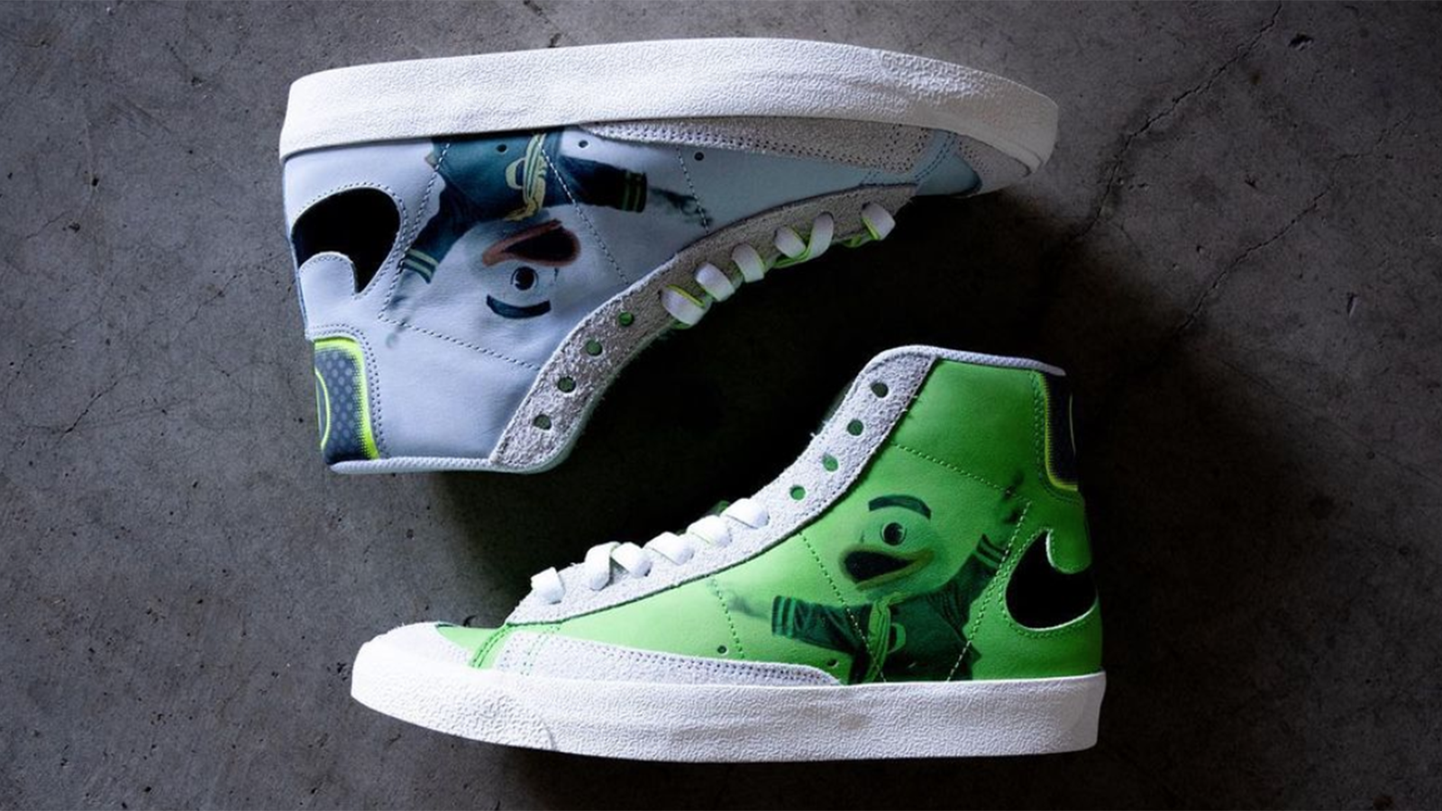 U of O Player Edition Blazer
The custom Nike Blazer retained the original high-top silhouette but shifted the Swoosh (in its original old-school silhouette) backward toward the heel to allow room for Oregon’s iconic mascot, The Duck, to take center stage. The exclusive Blazers were offered in three colorways—Gray, Green and Blue Tint—each featuring a numbered, bright green tongue.