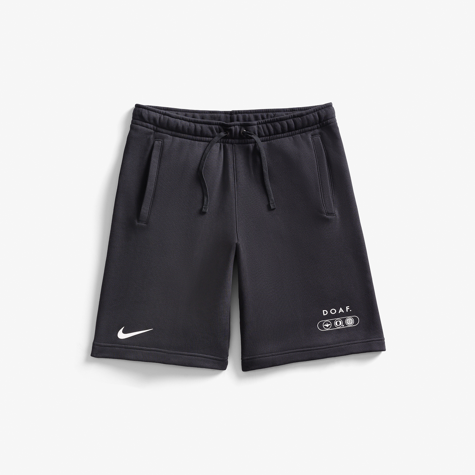 DOAF World Wide WebbedBlack shorts with a Nike and DOAF logos on a white background