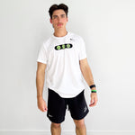 Anson Aroz wearing a white DOAF World wide webbed t-shirt and world wide webbed black shorts with visible branding against a plain background.