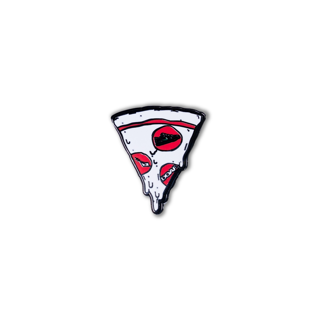 Pizza slice with pepperoni with a sneaker and DOAF logo on a white background
