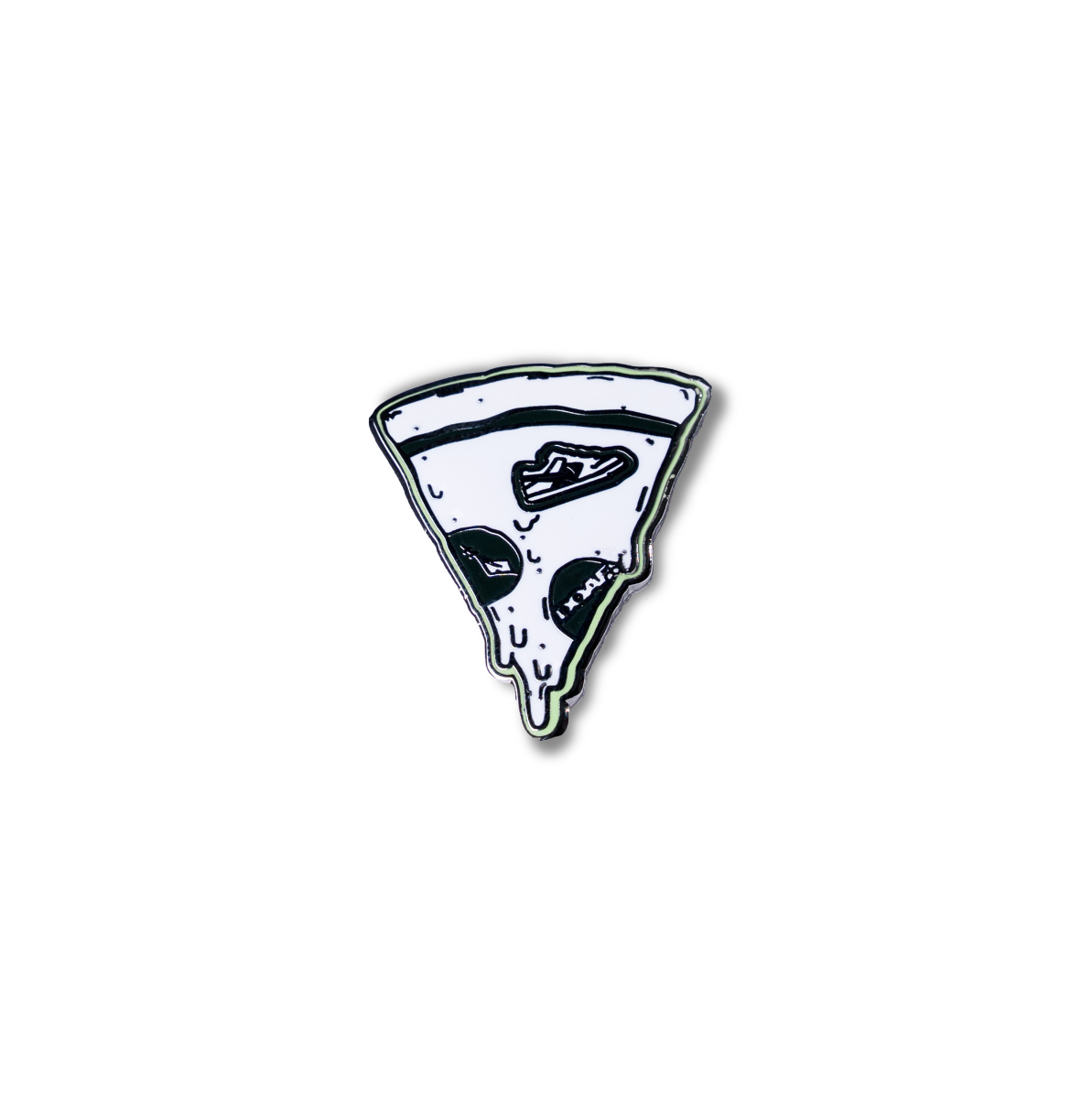 Pizza slice enamel pin with DOAF logo on a white background