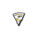 Pizza slice enamel pin with DOAF logo on a white background
