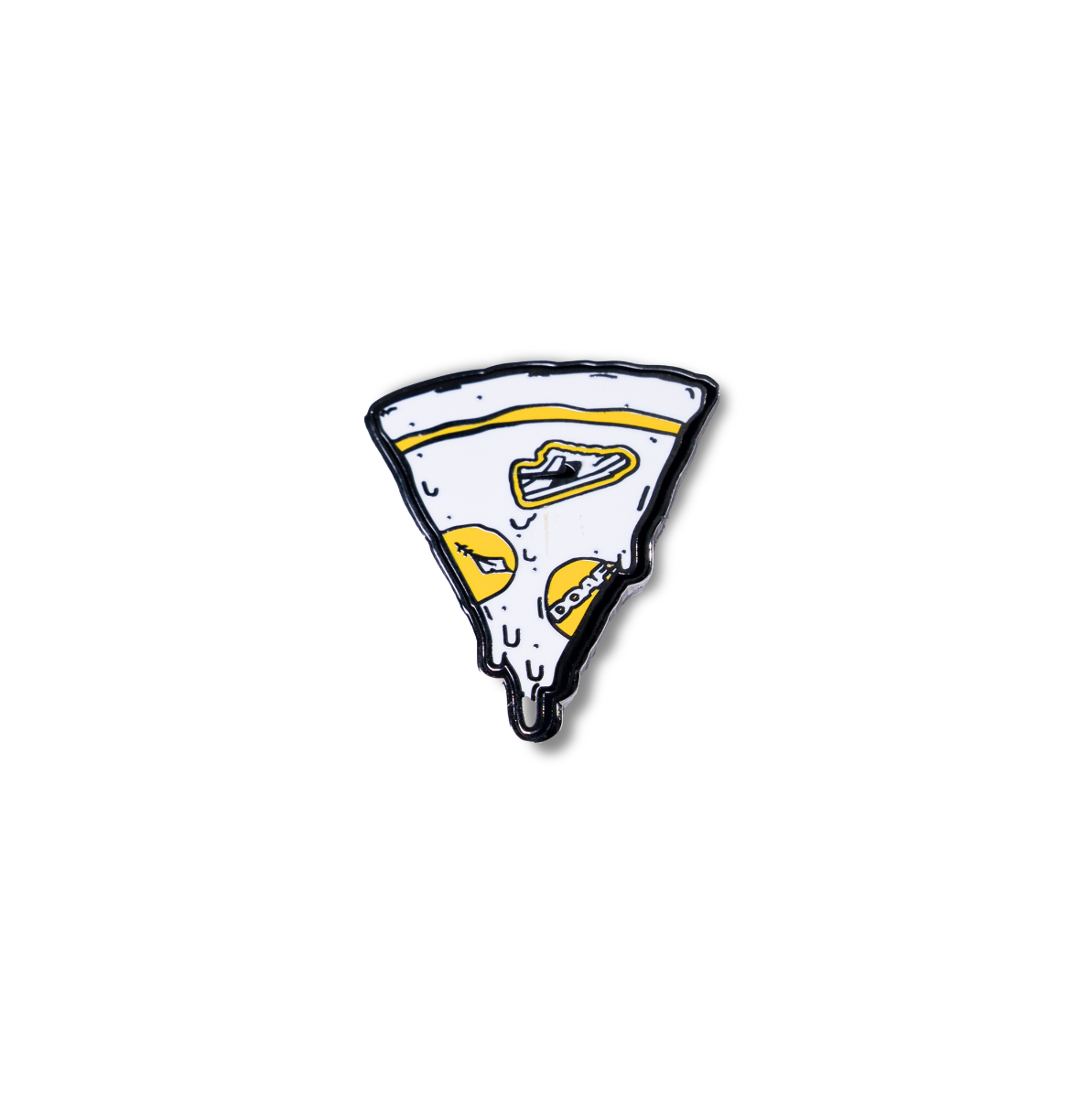 Pizza slice enamel pin with DOAF logo on a white background