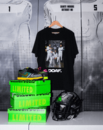 DOAF Tee featuring Dante Moore, Dakorien Moore, and Matayo Uiagalelei hanging up on Dante's locker. There is a football helmet and sneakers stacked on DOAF shoe boxes.