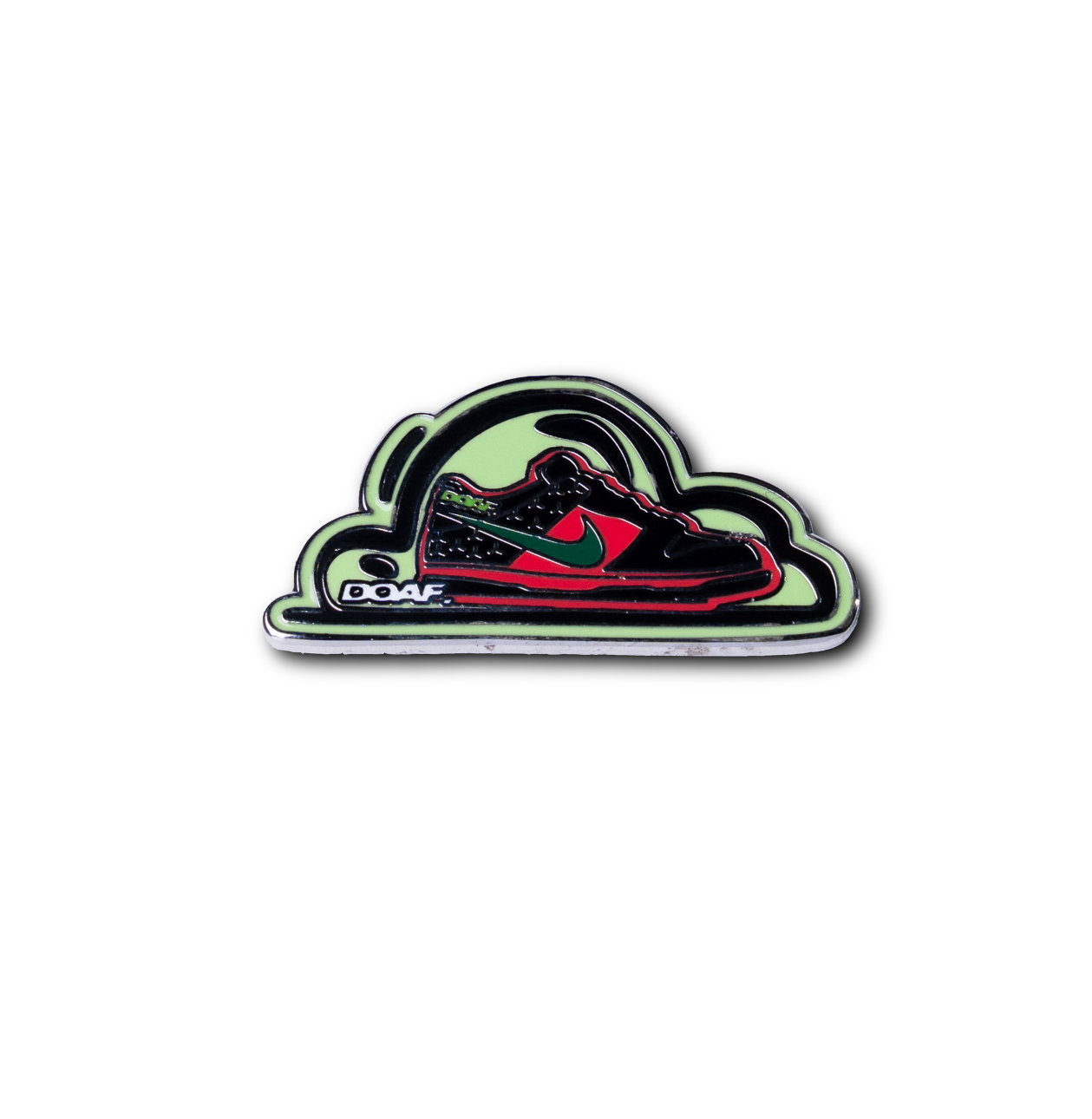 Pin with a shoe design on a white background with a DOAF logo