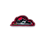 Pin with a shoe design on a white background with a DOAF logo