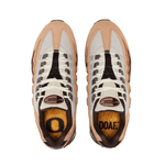 Pair of DOAF Air Max Lumber Yard sneakers. Tan sneakers with wood print sockliner on a white background