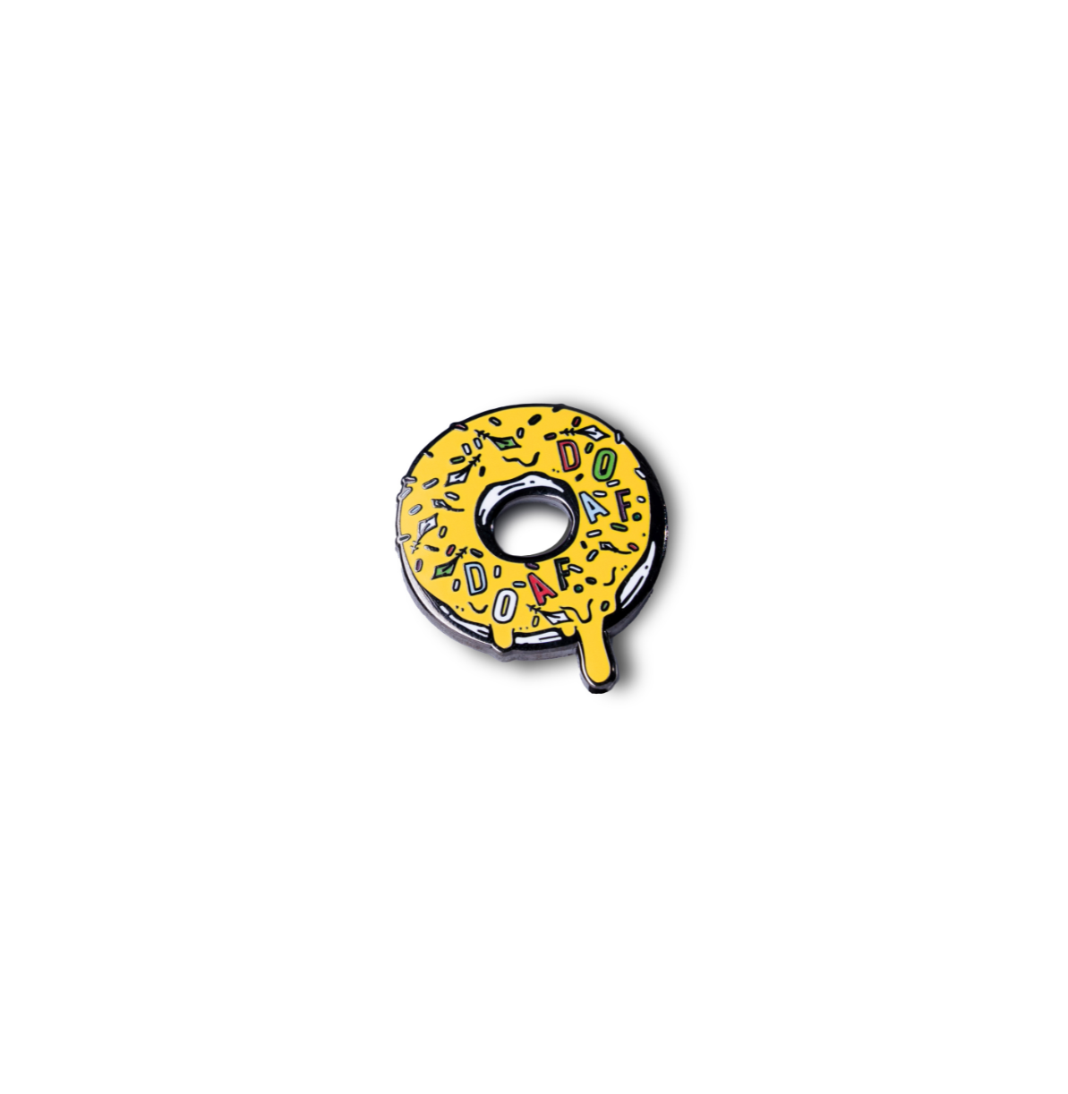 DOAF yellow donut pin with colorful sprinkles on a white background