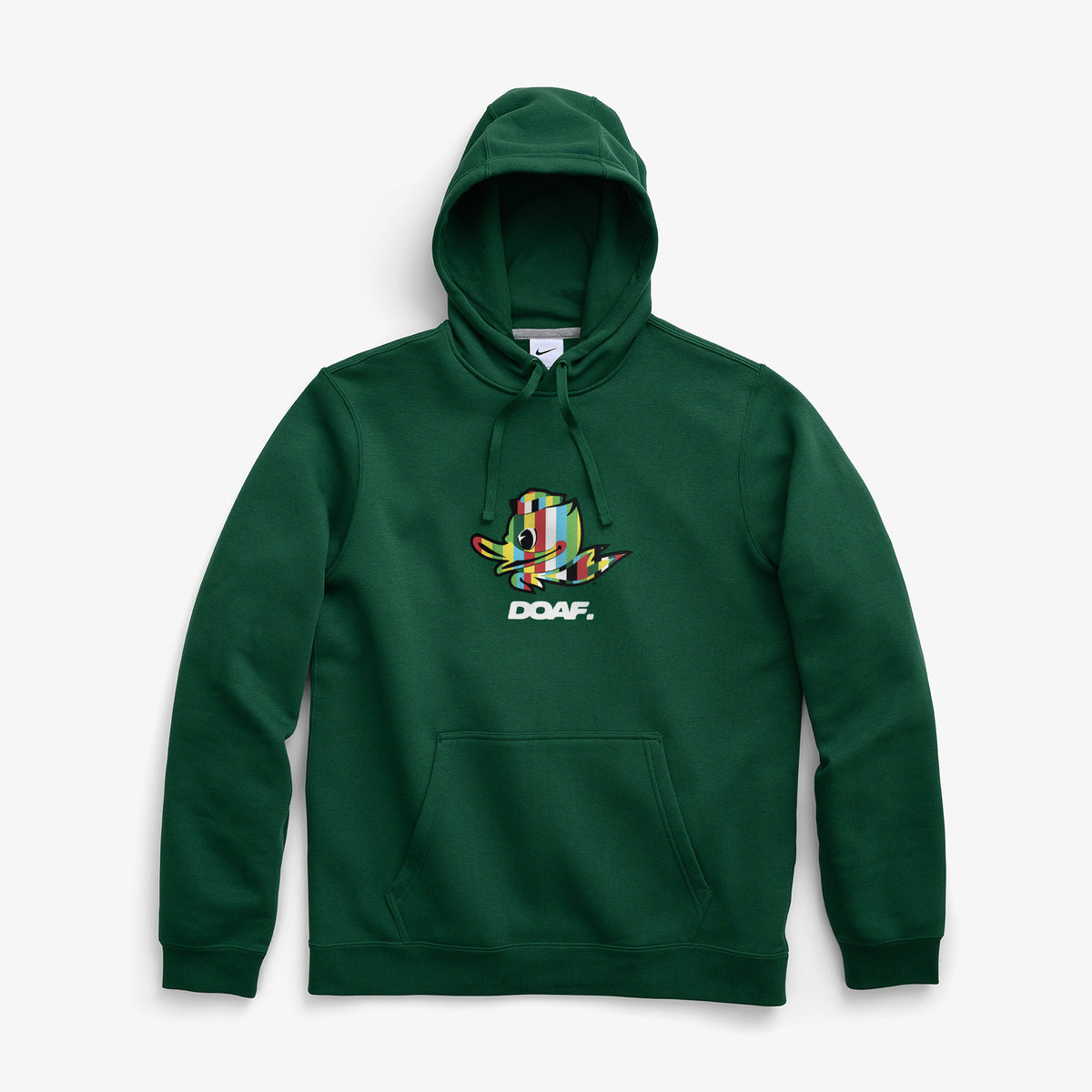 Green hoodie with a colorful Duck graphic and 'DOAF' logo on a white background