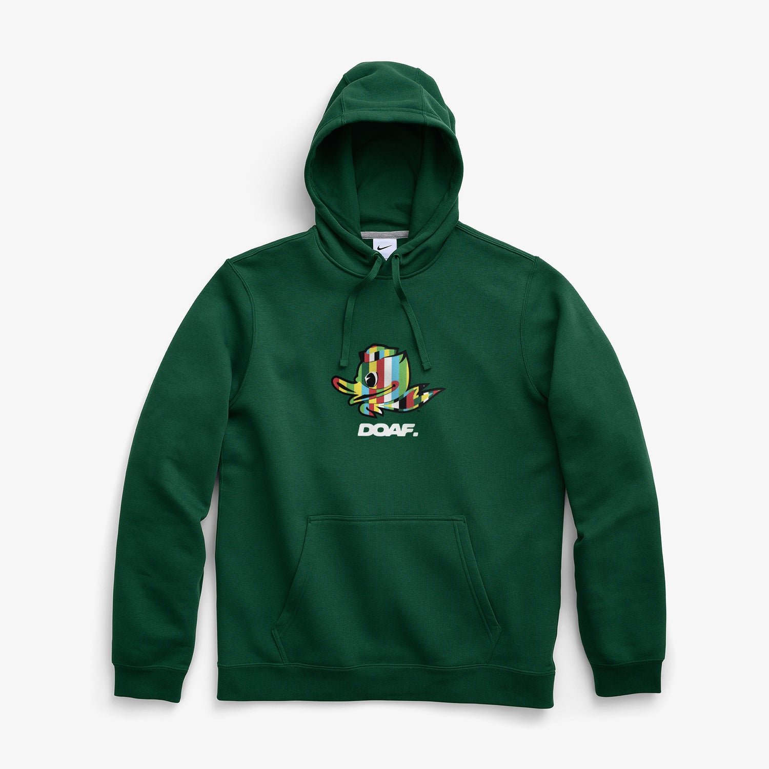 Green hoodie with a colorful Duck graphic and 'DOAF' logo on a white background