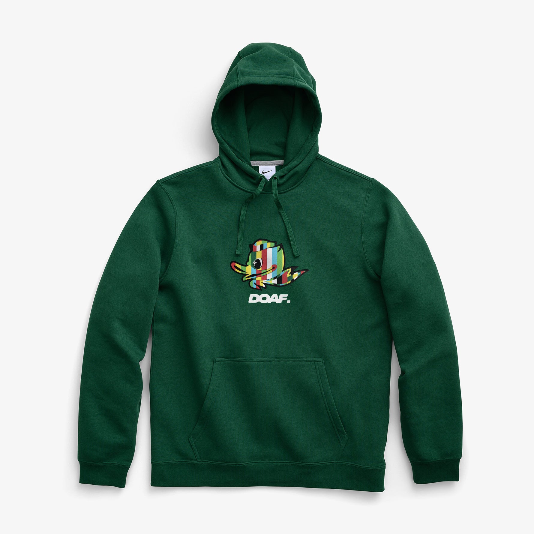 Green hoodie with a colorful Duck graphic and 'DOAF' logo on a white background