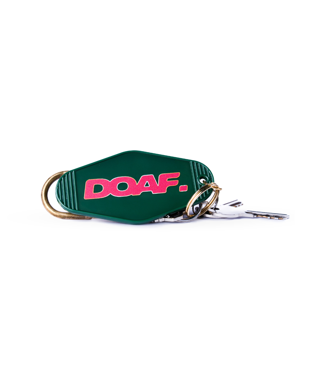 Green keychain with pink 'DOAF' text on a white background