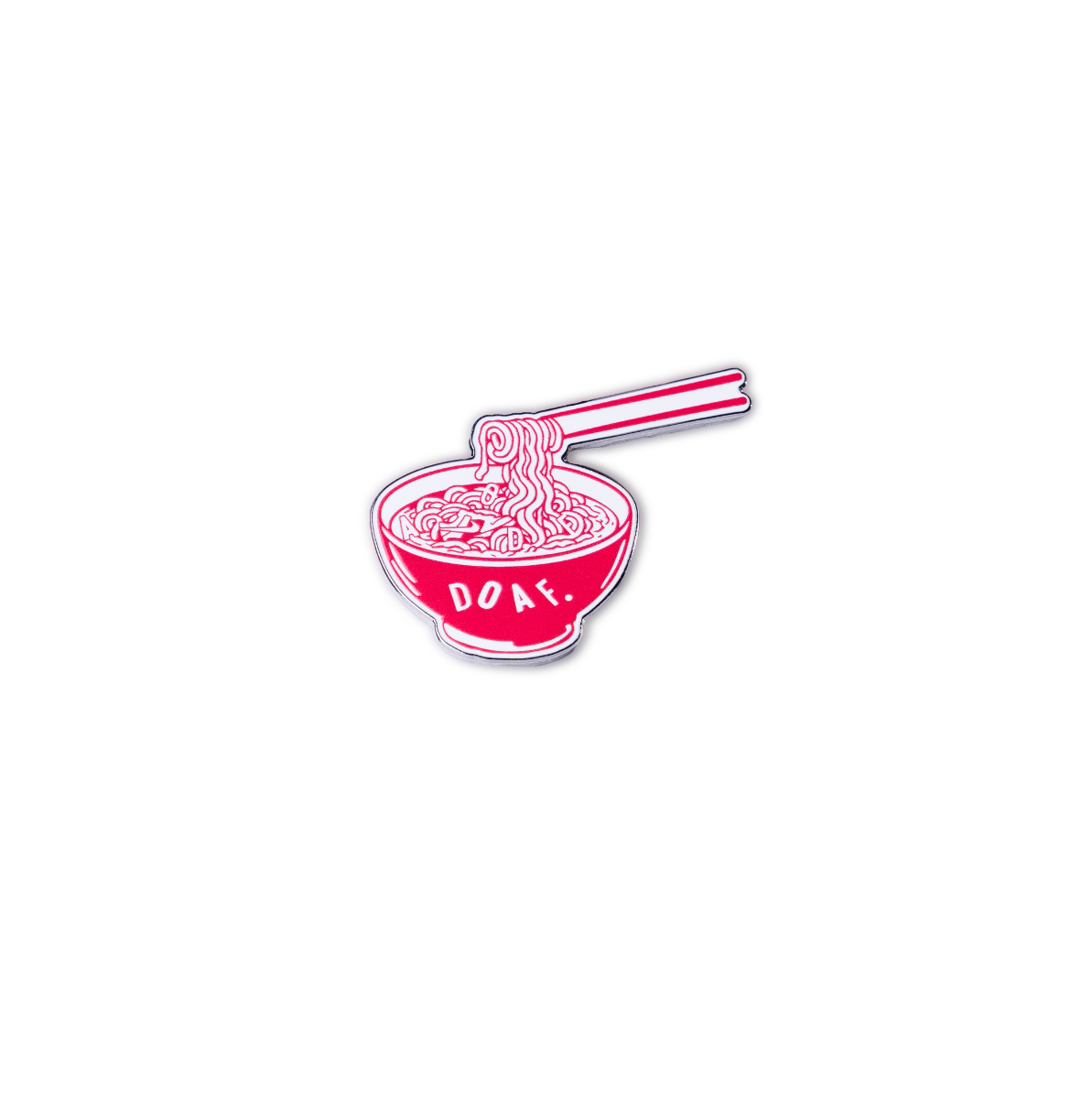 Enamel pin of a bowl of ramen with chopsticks on a white background with a DOAF logo