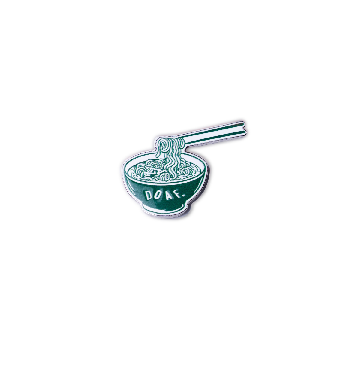 Enamel pin with a bowl of noodles and chopsticks on a white background with a DOAF logo