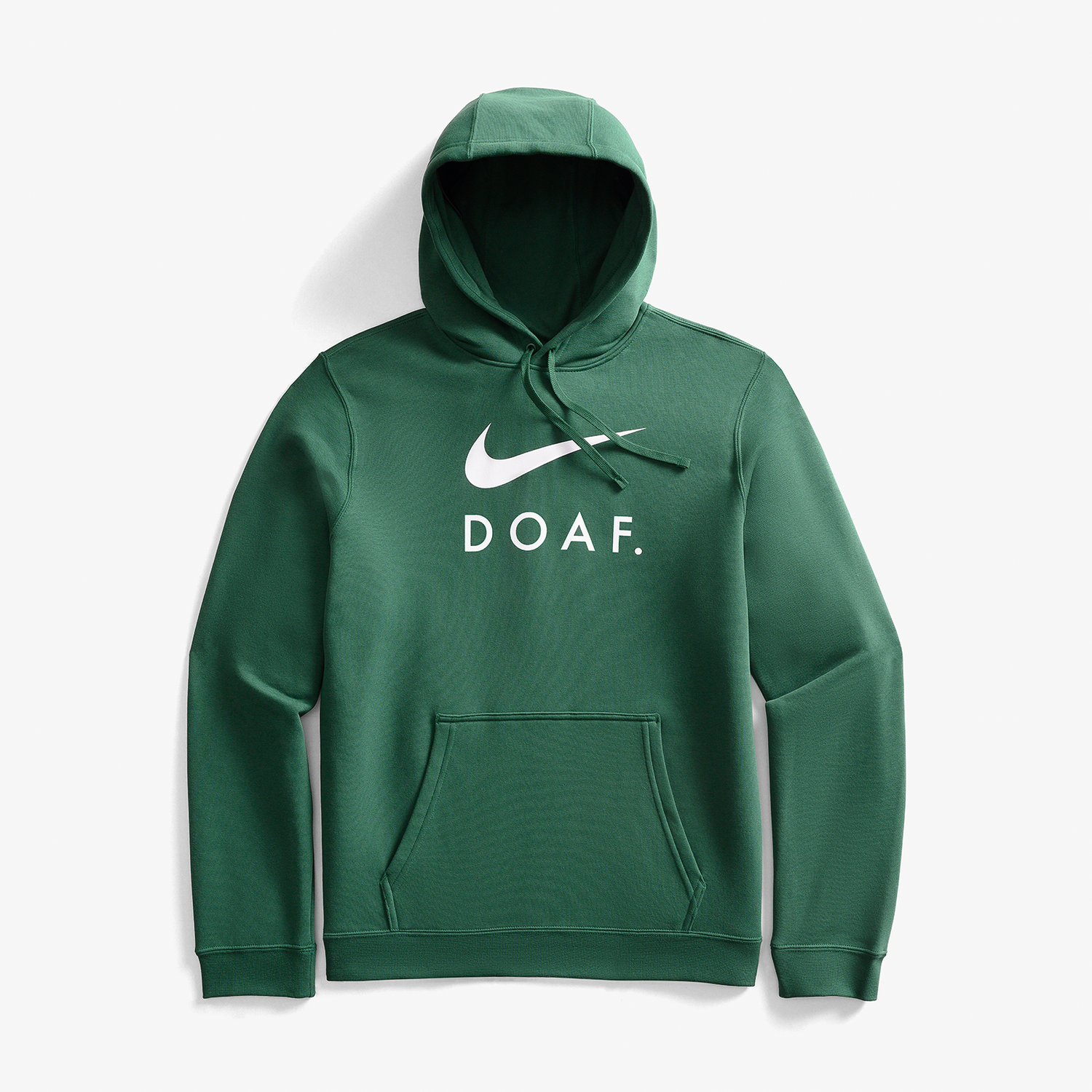 Green hoodie with Nike logo and 'DOAF' text on a white background