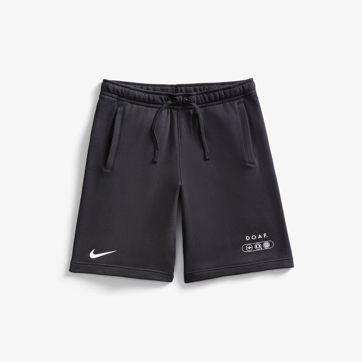 DOAF World Wide WebbedBlack shorts with a Nike and DOAF logos on a white background