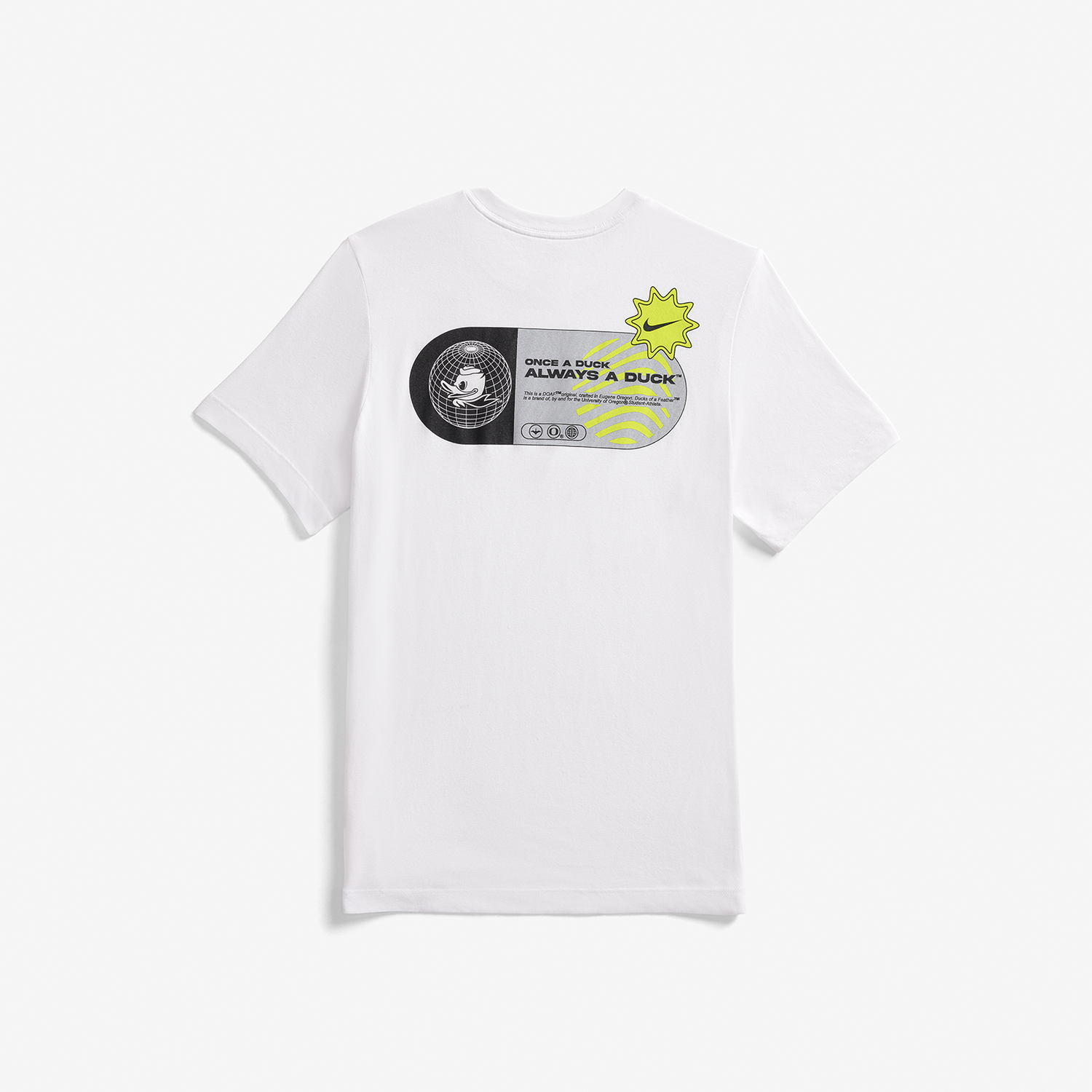 Detail of the back of the world wide webbed Tee with graphics and logos.