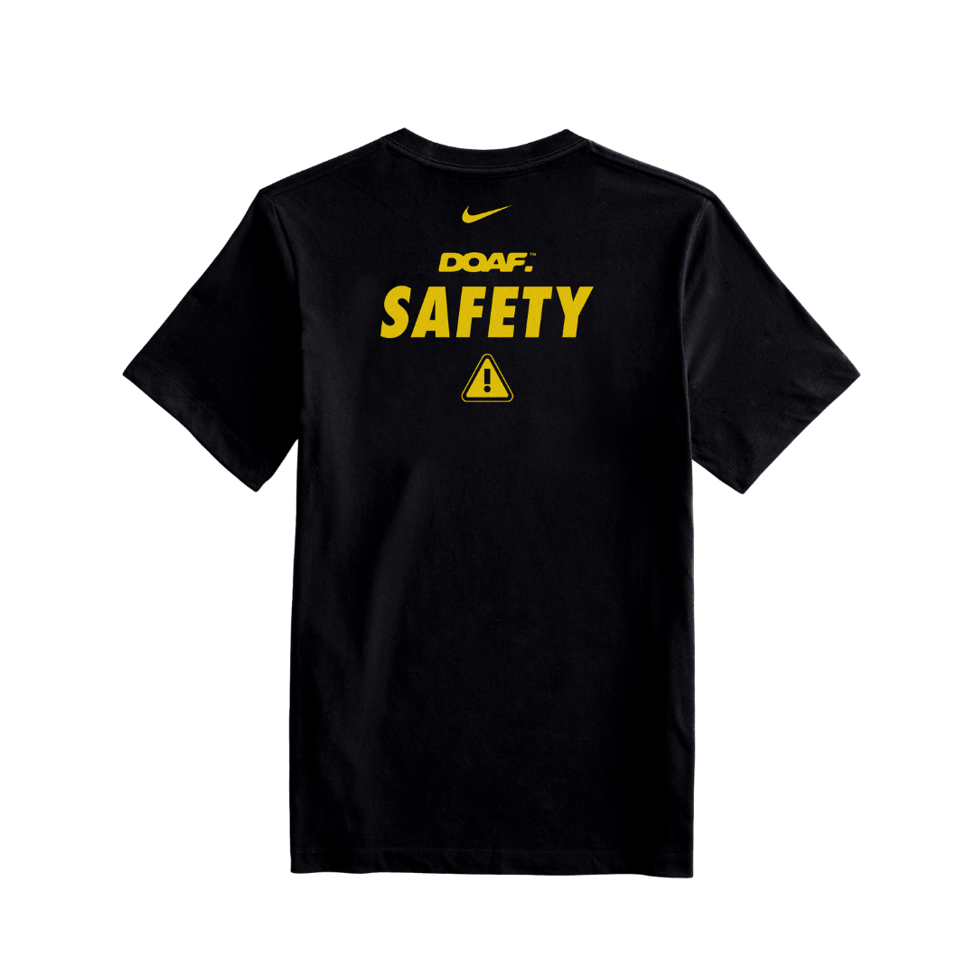 Black t-shirt with yellow text and DOAF logo on a white background