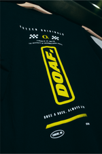 Speedway Black t-shirt with yellow and white text and logos, including a prominent 'DOAF' logo.