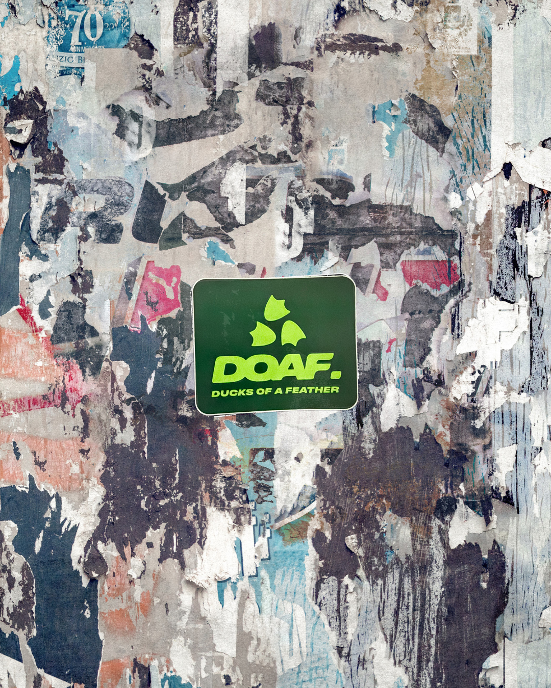 DOAF sticker on a textured, multicolored background