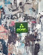 DOAF sticker on a textured, multicolored background