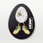 Circular sticker with cartoon duck in sneakers and 'DOAF' branding on a black background
