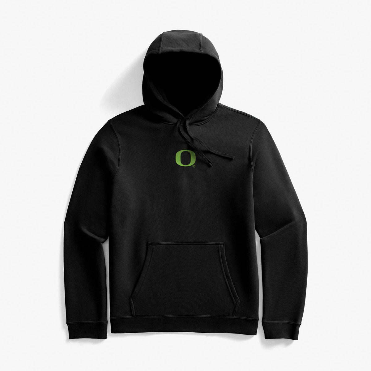 Black hoodie with green Oregon logo on a white background
