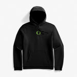 Black hoodie with green Oregon logo on a white background