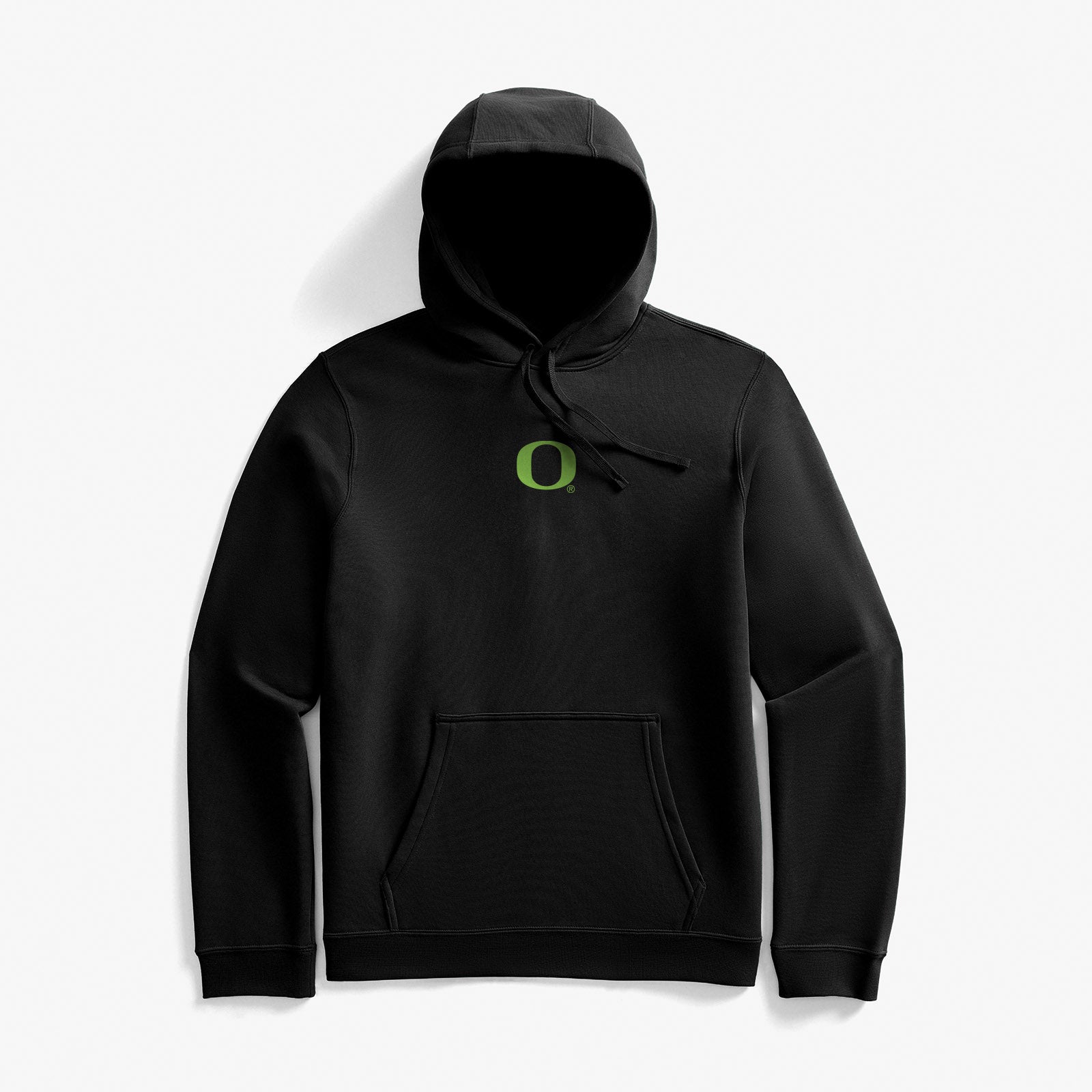 Black hoodie with green Oregon logo on a white background