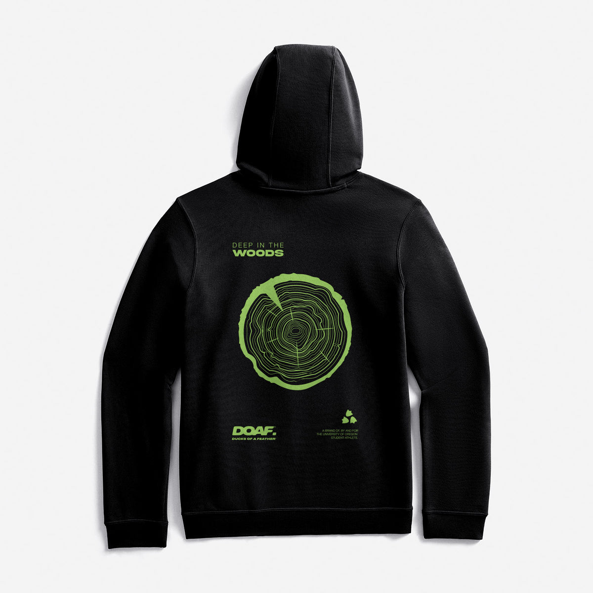 Black hoodie with green tree ring design and text on a white background