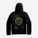 Black hoodie with green tree ring design and text on a white background