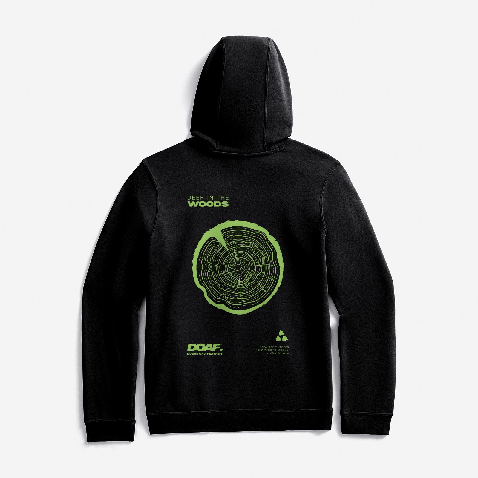 Black hoodie with green tree ring design and text on a white background