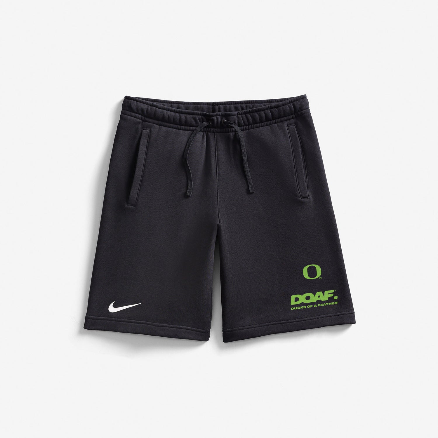 Black shorts with a DOAF and University of Oregon logo on a white background