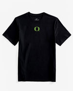 Black t-shirt with a green Oregon logo on a white background