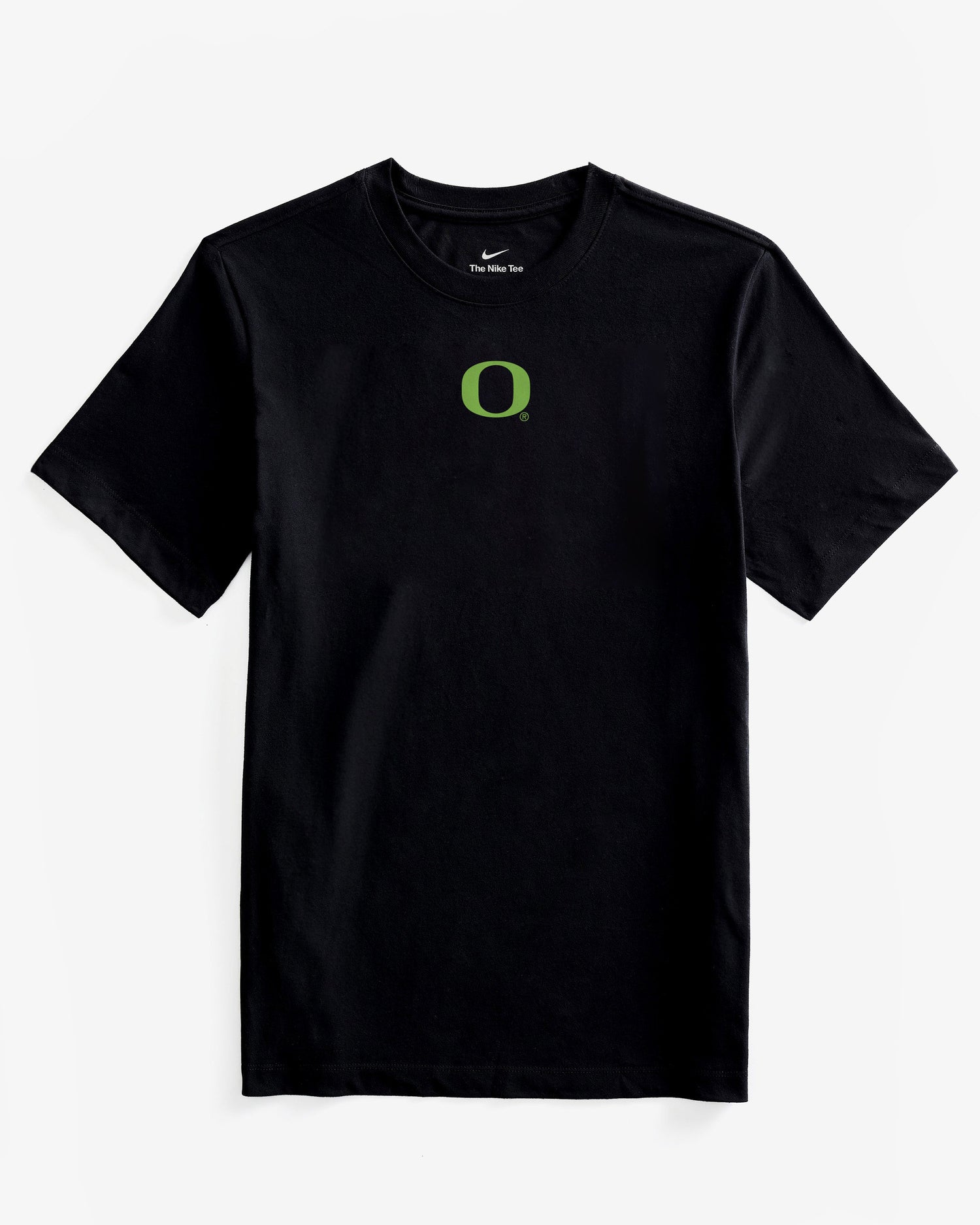 Black t-shirt with a green Oregon logo on a white background