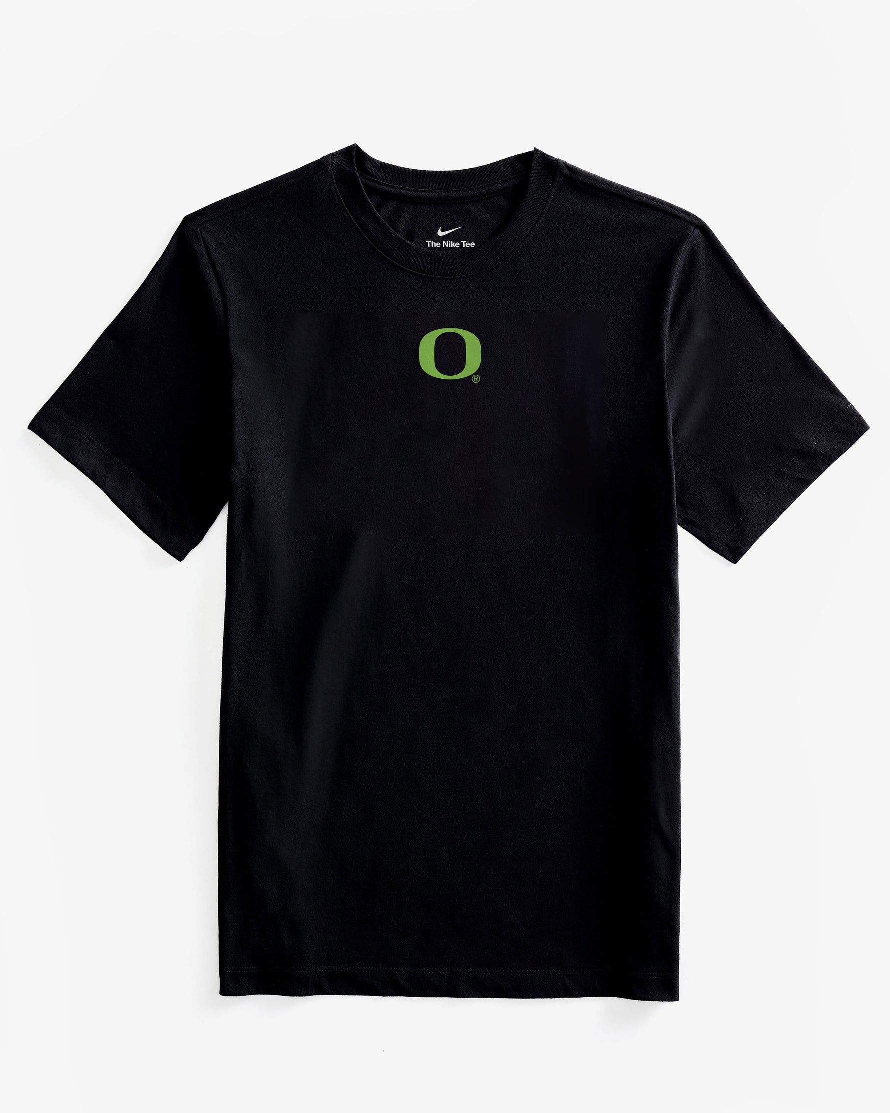Black t-shirt with a green Oregon logo on a white background