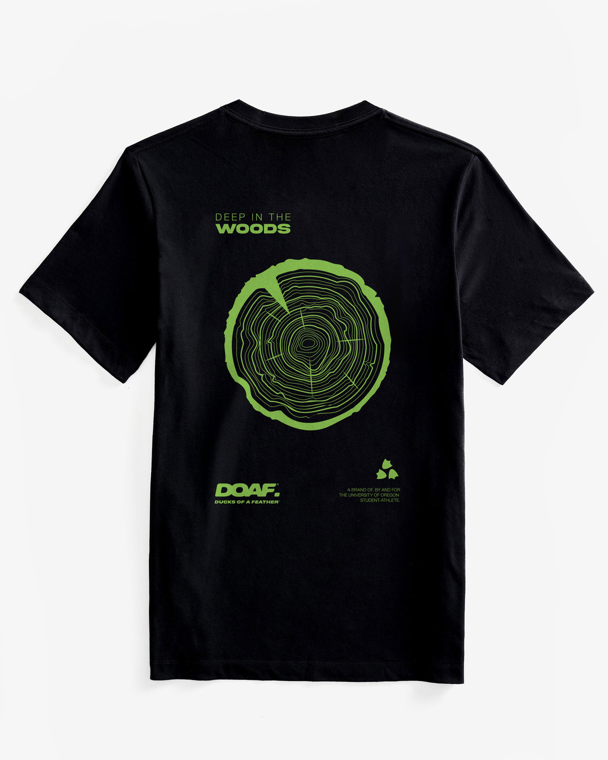 Black t-shirt with green tree ring design and 'DOAF' branding on a white background