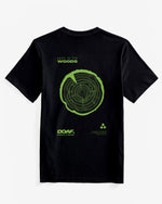 Black t-shirt with green tree ring design and 'DOAF' branding on a white background