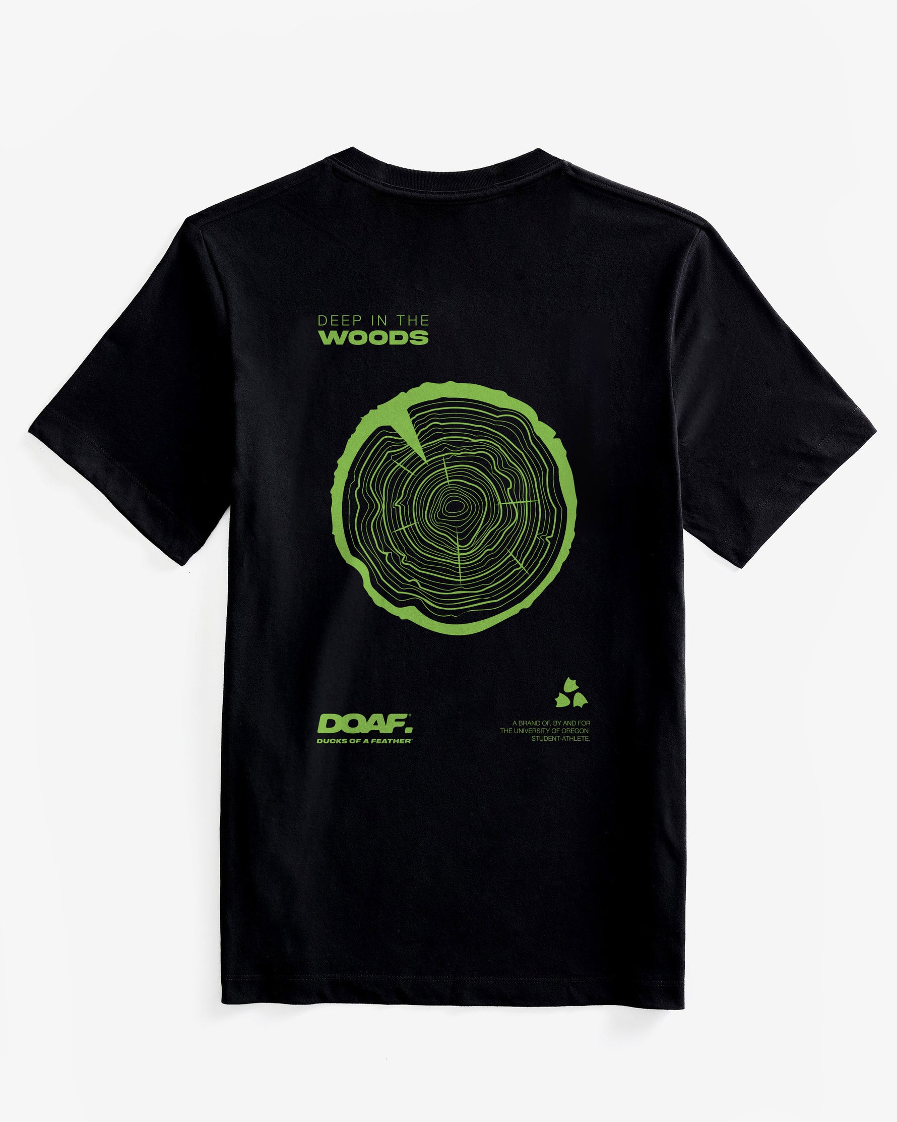 Black t-shirt with green tree ring design and 'DOAF' branding on a white background