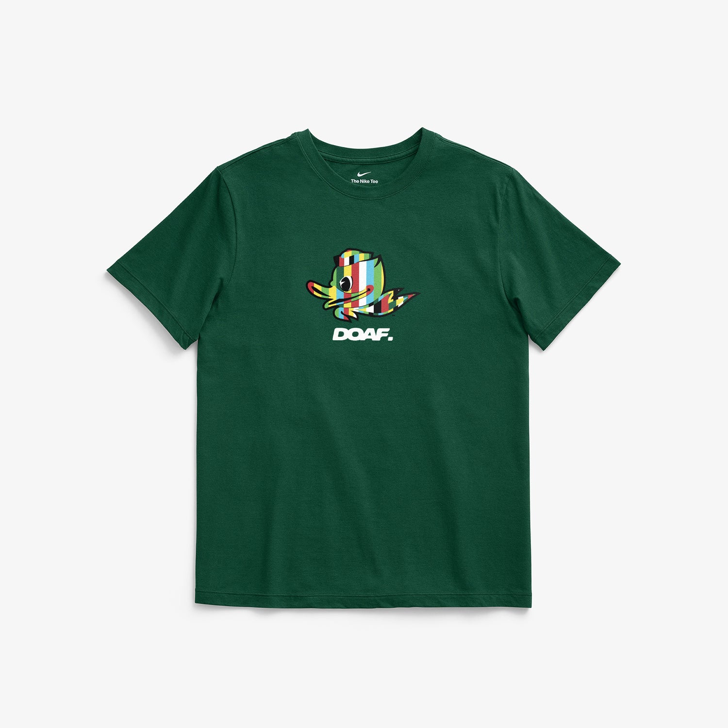 Green t-shirt with colorful Ducks graphic and 'DOAF' text on a white background