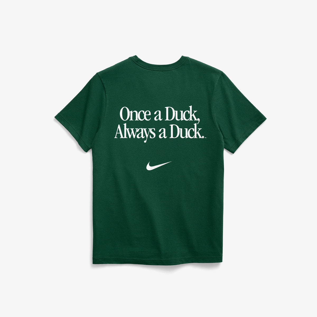 Green DOAF t-shirt with 'Once a Duck, Always a Duck' text and Nike logo on a white background