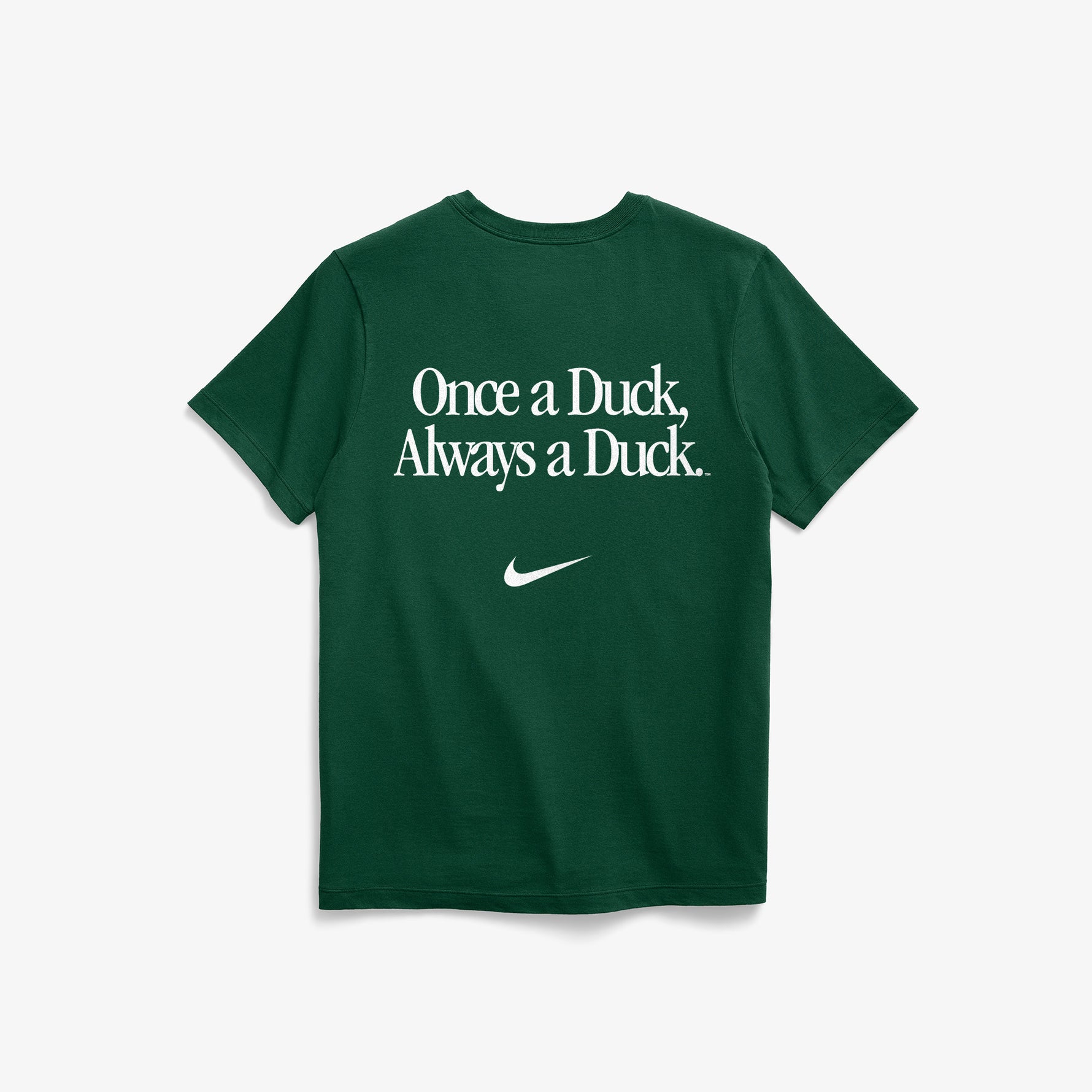 Green DOAF t-shirt with 'Once a Duck, Always a Duck' text and Nike logo on a white background