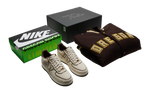 AF1 ’07 Luxe Oregon Player Edition and Custom DOAF Varsity Jacket with Oregon patch on the center check. Both are shown with limited edition boxes. 