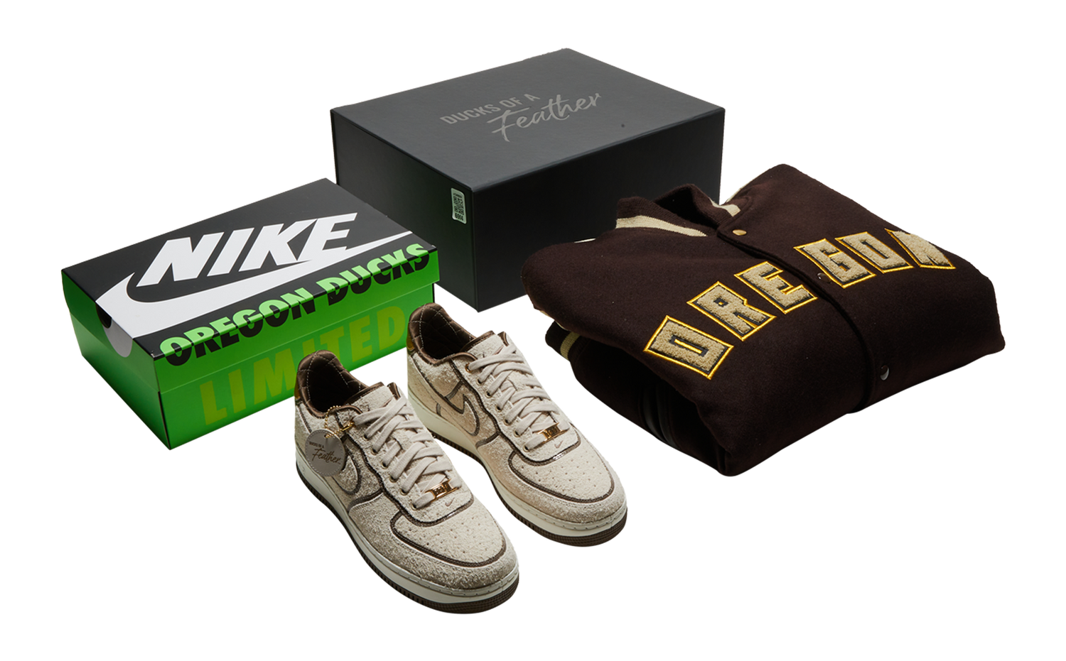 AF1 ’07 Luxe Oregon Player Edition and Custom DOAF Varsity Jacket with Oregon patch on the center check. Both are shown with limited edition boxes. 
