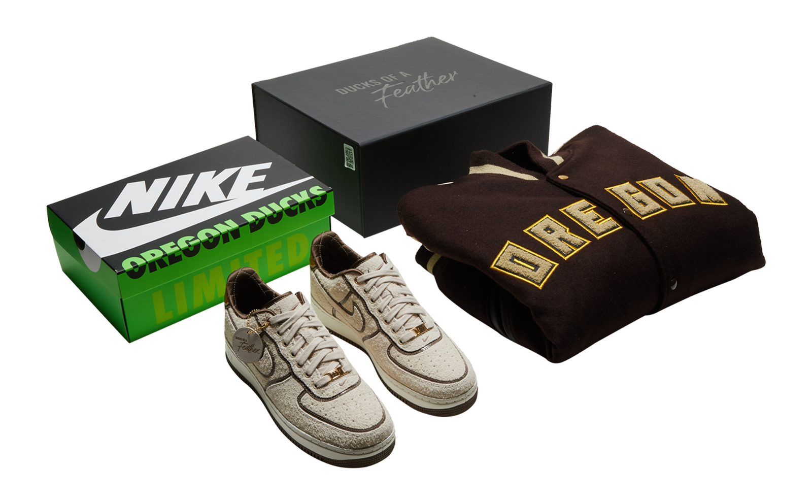 AF1 ’07 Luxe Oregon Player Edition and Custom DOAF Varsity Jacket with Oregon patch on the center check. Both are shown with limited edition boxes. 