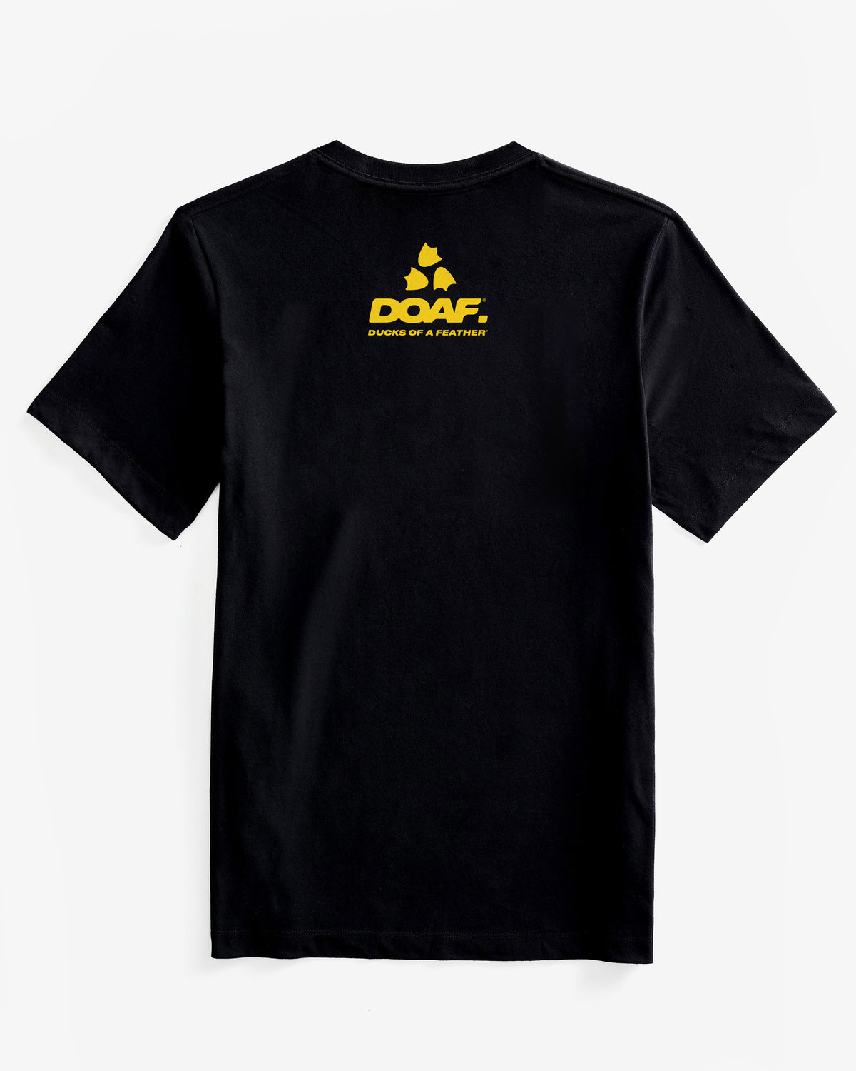 Black t-shirt with yellow logo on a white background