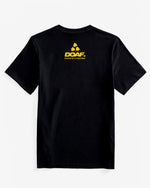 Black t-shirt with yellow logo on a white background