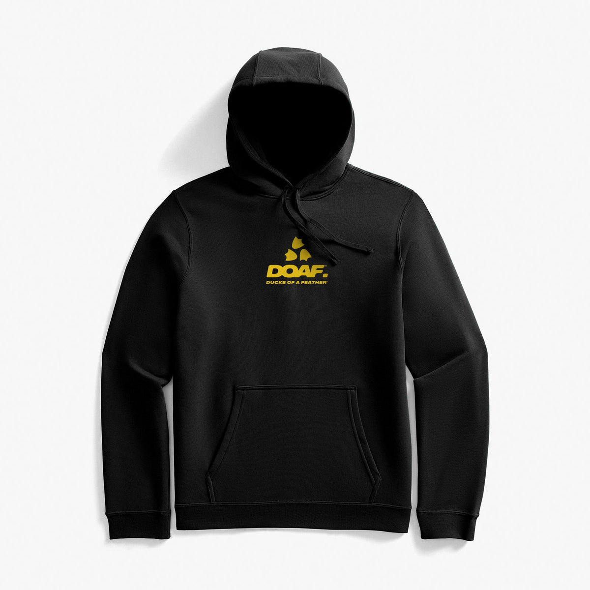 Black hoodie with yellow logo on a white background