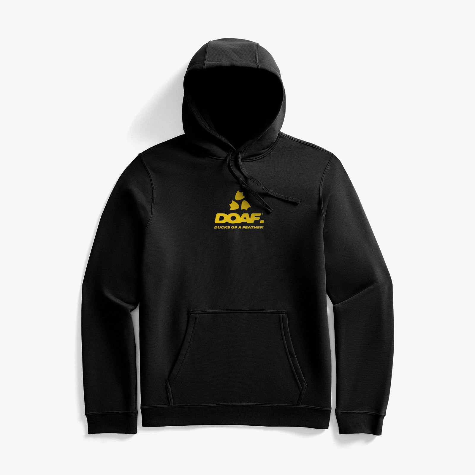 Black hoodie with yellow logo on a white background