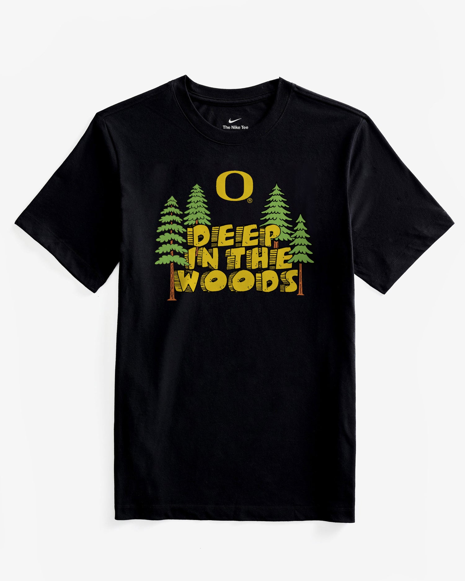 Black t-shirt with 'Deep in the Woods' graphic design on a white background